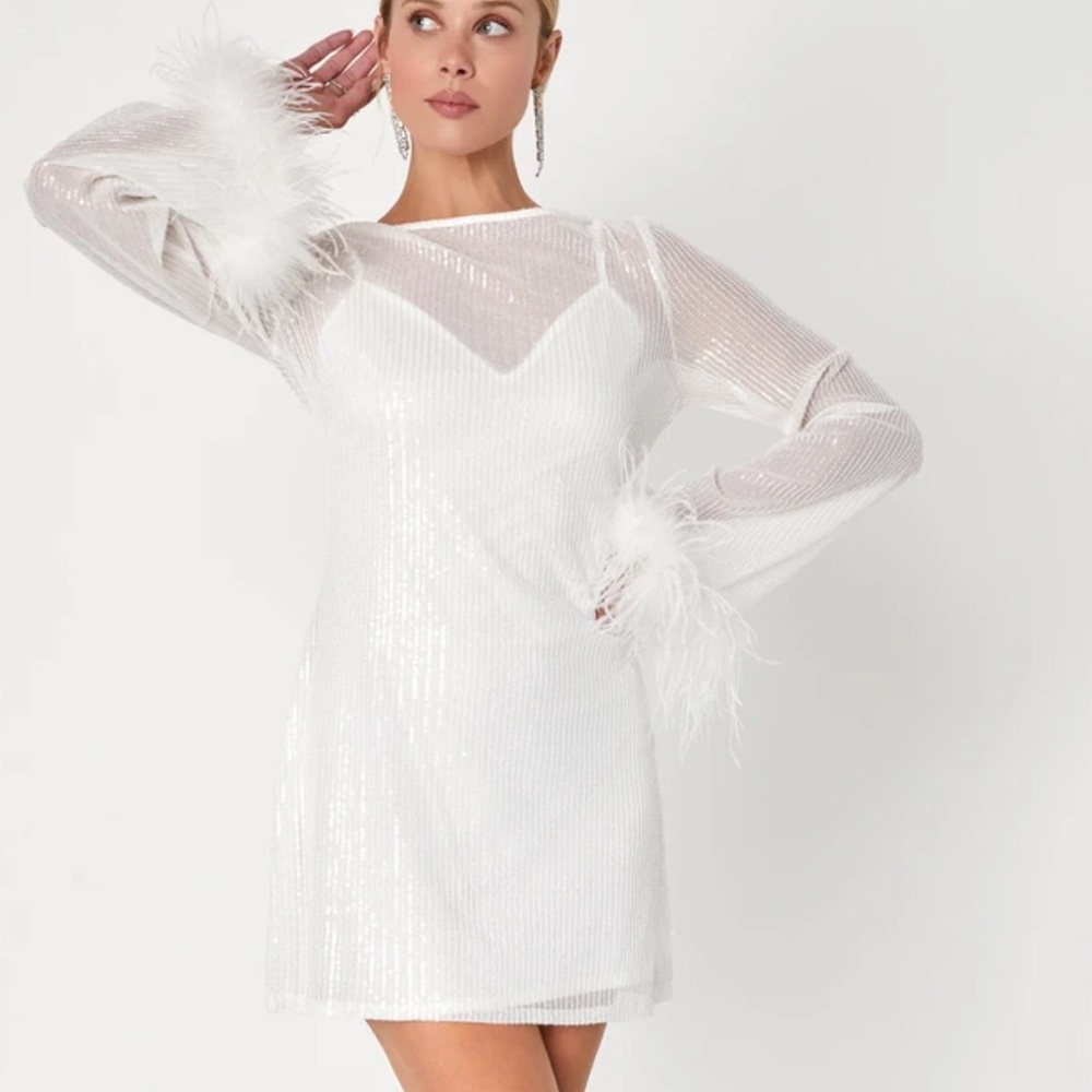 Marvelous Energy White Sequin Mesh Long
Sleeve Mini Dress
